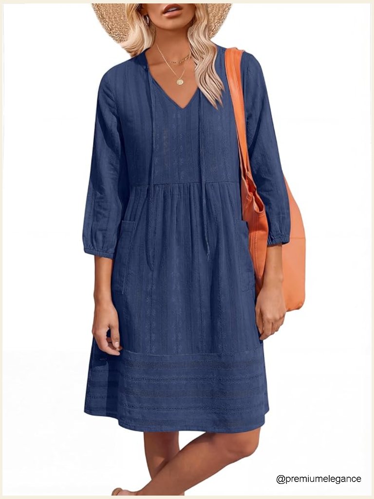 Women's 3/4 Sleeve V-Neck Shift Dress With Pockets